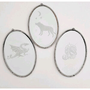 Vintage 3 Oval Etched Glass Unicorn Wolf Dragon Wall Hangings In Metal Frames